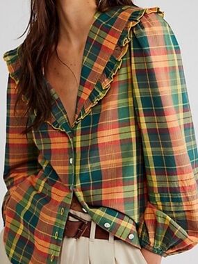 NWOT Free People Molly Plaid Ruffle Blouse XS Prairie Cottagecore Top